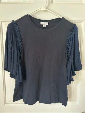 Navy Top with Pleated Ruffle Sleeves